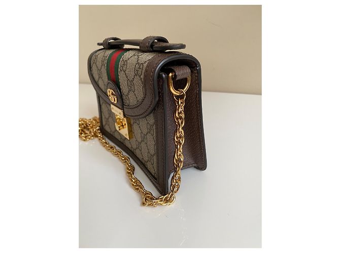 Mini borsa a tracolla Gucci Ophidia GG beige in tela - vista 10