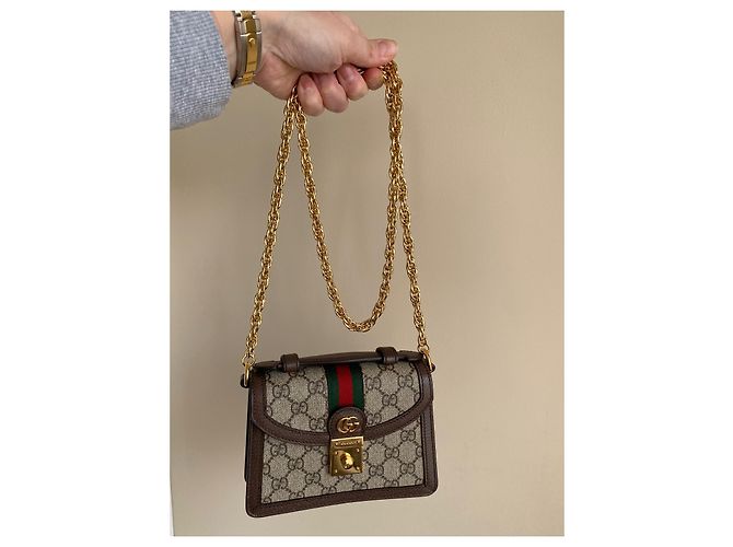 Mini borsa a tracolla Gucci Ophidia GG beige in tela - vista 11