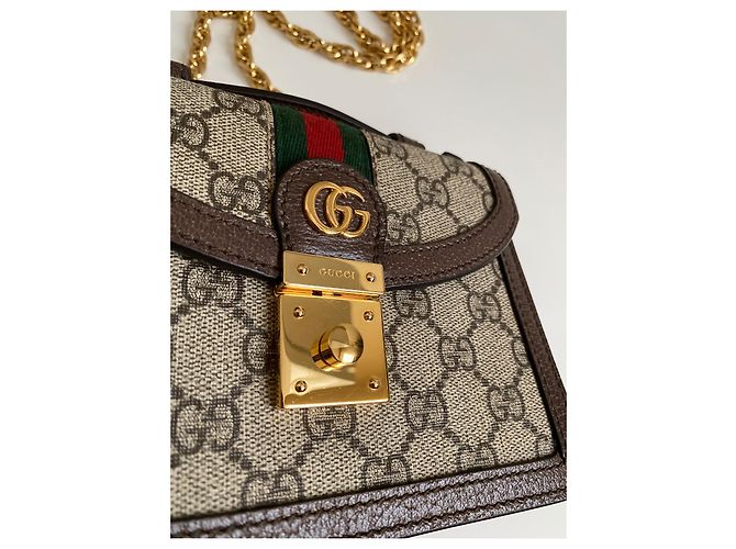 Mini borsa a tracolla Gucci Ophidia GG beige in tela - vista 8