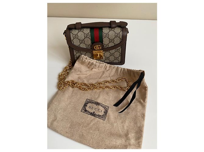 Mini borsa a tracolla Gucci Ophidia GG beige in tela - vista 9