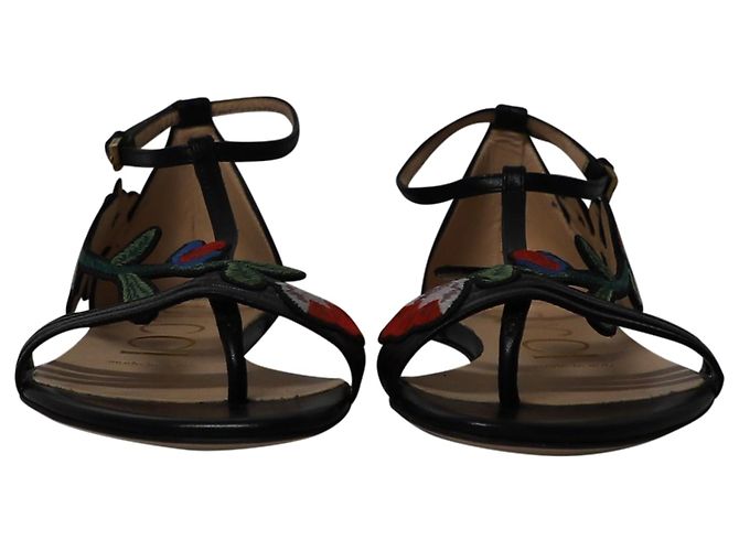 Sandali piatti Gucci Ophelia con ricamo floreale in pelle nera Nero - vista 2