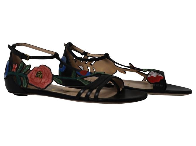 Sandali piatti Gucci Ophelia con ricamo floreale in pelle nera Nero - vista 3