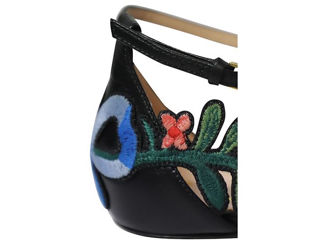 Sandali piatti Gucci Ophelia con ricamo floreale in pelle nera Nero - vista 7