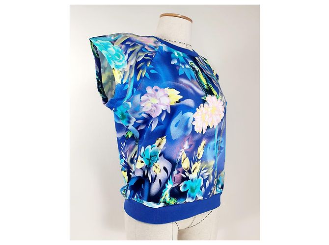 Moschino Oberteil mit tropischem Papageien Print Blau Baumwolle - Ansicht 2