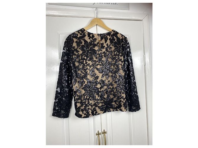 Diane Von Furstenberg Top nero a maniche lunghe DvF 'Belle' con rete in pizzo floreale con paillettes - vista 4