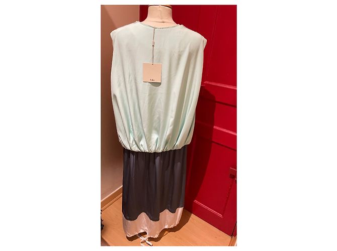 Tibi Seiden Cape Kleid Grau Creme Hellgrün - Ansicht 3