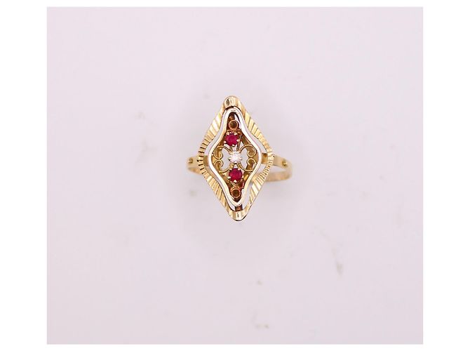 Autre Marque Ring aus Gelbgold 750%oder mit Wasserzeichen, Rautenmuster mit Rubinen und Zirkonoxiden Gold hardware - Ansicht 9