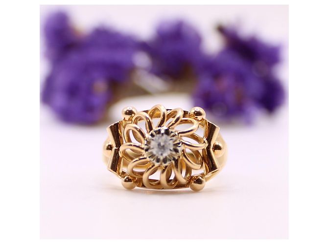 Autre Marque Anello a rosetta con pietra bianca in oro giallo 750%O Bianco Gold hardware - vista 2
