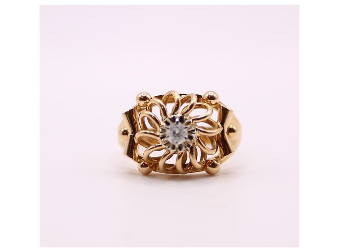 Autre Marque Anello a rosetta con pietra bianca in oro giallo 750%O Bianco Gold hardware - vista 3