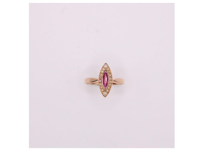 Autre Marque Marquise-Ring, Napoleon III, Perlen und Rotgold-Granat 750%O Weiß Gold hardware - Ansicht 10