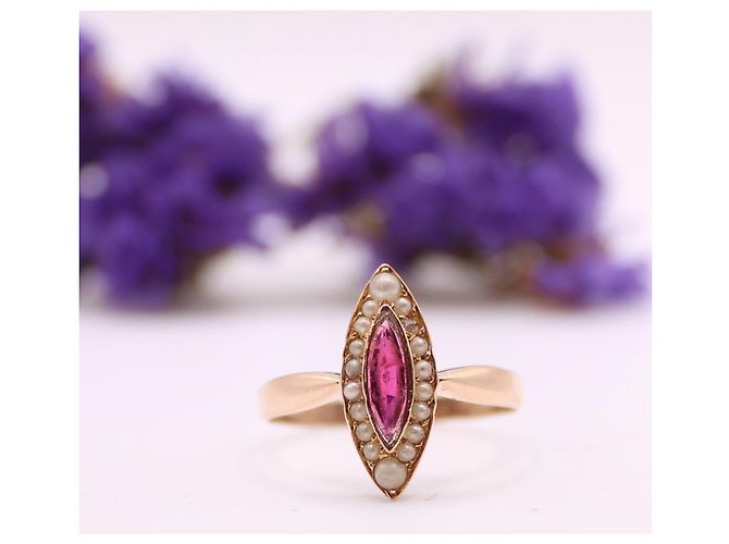 Autre Marque Marquise-Ring, Napoleon III, Perlen und Rotgold-Granat 750%O Weiß Gold hardware - Ansicht 2