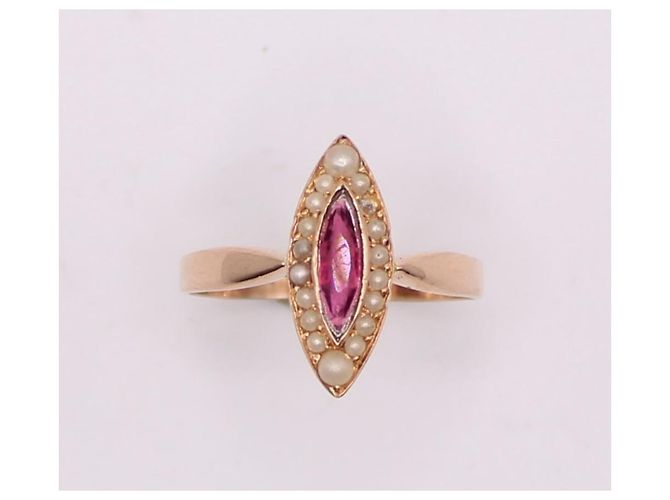 Autre Marque Marquise-Ring, Napoleon III, Perlen und Rotgold-Granat 750%O Weiß Gold hardware - Ansicht 3