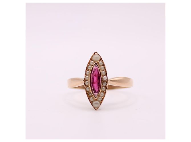 Autre Marque Marquise-Ring, Napoleon III, Perlen und Rotgold-Granat 750%O Weiß Gold hardware - Ansicht 4