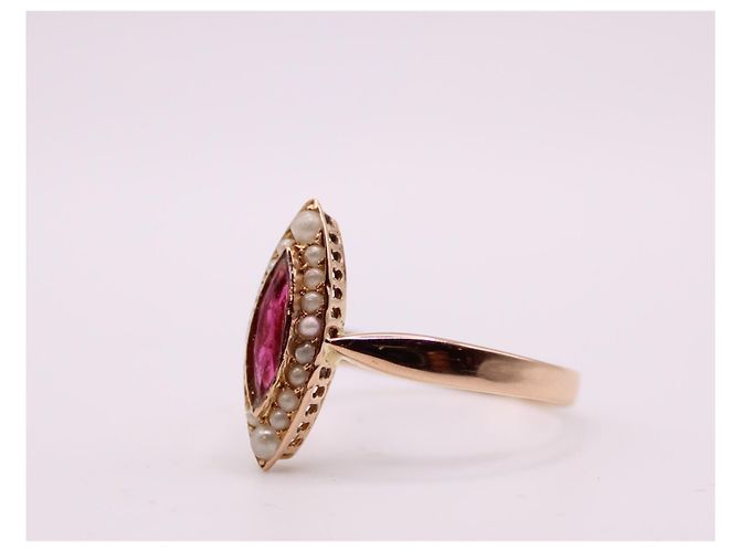 Autre Marque Marquise-Ring, Napoleon III, Perlen und Rotgold-Granat 750%O Weiß Gold hardware - Ansicht 5