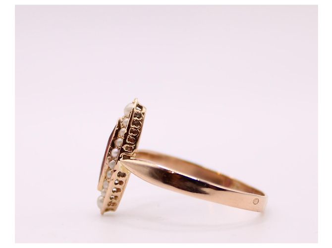 Autre Marque Marquise-Ring, Napoleon III, Perlen und Rotgold-Granat 750%O Weiß Gold hardware - Ansicht 6