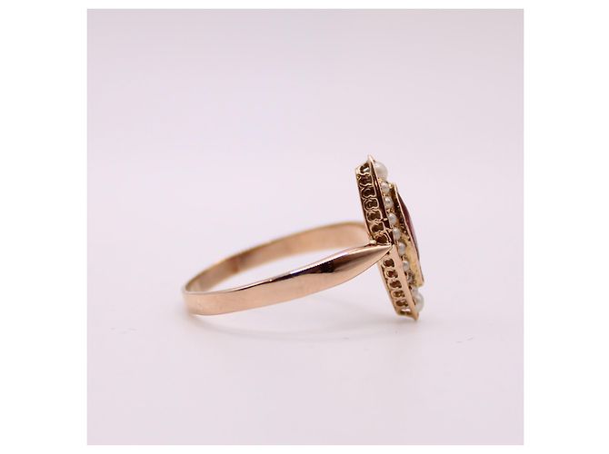 Autre Marque Marquise-Ring, Napoleon III, Perlen und Rotgold-Granat 750%O Weiß Gold hardware - Ansicht 8