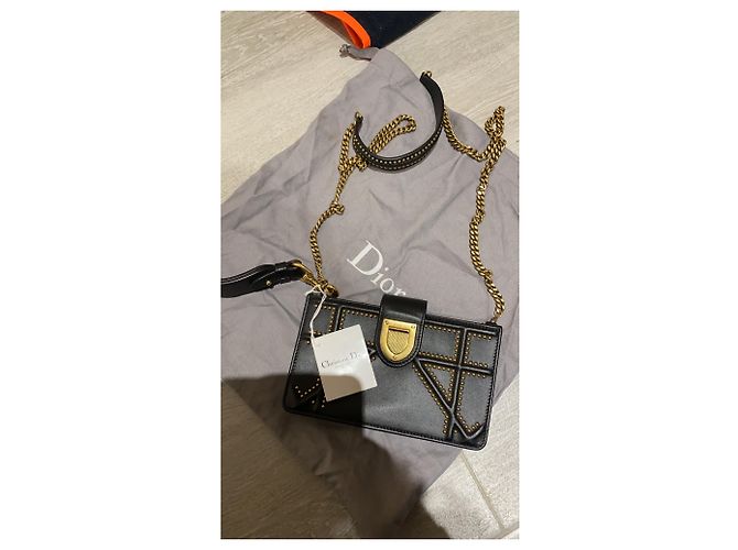 BORSA A TRACOLLA DIORAMA IN PELLE E ORO INVECCHIATO 25cm Nero - vista 8