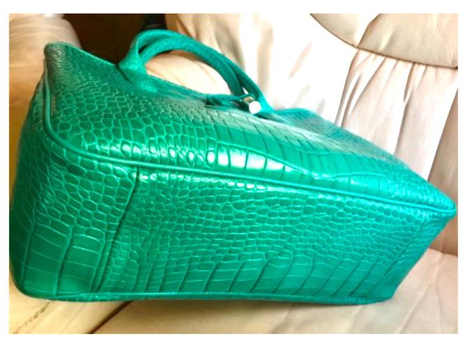 Longchamp Roseau Borsa Tote Verde in Pelle Croco - vista 5