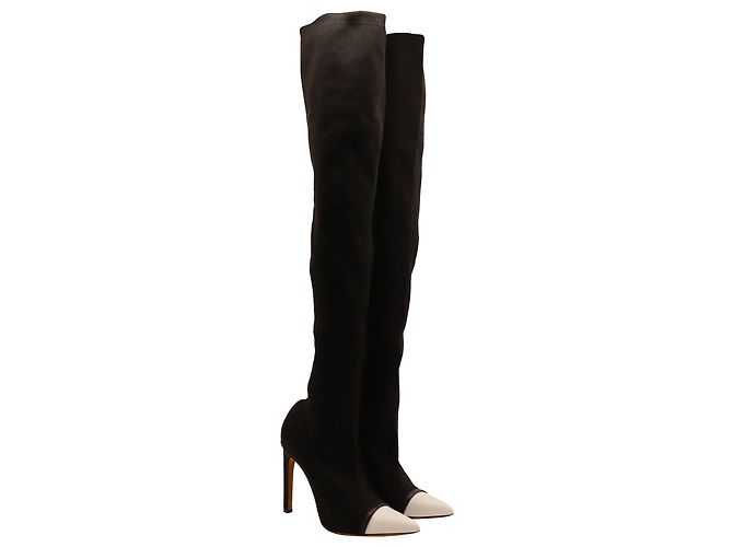 Givenchy Overknee-Stretch-Strickstiefel mit weißer Lederkappe aus schwarzem Elastan - Ansicht 3