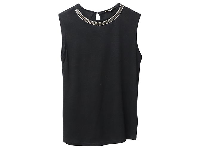 Top smanicato con scollo impreziosito Maje in lino nero - vista 5