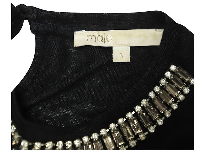 Top smanicato con scollo impreziosito Maje in lino nero - vista 7