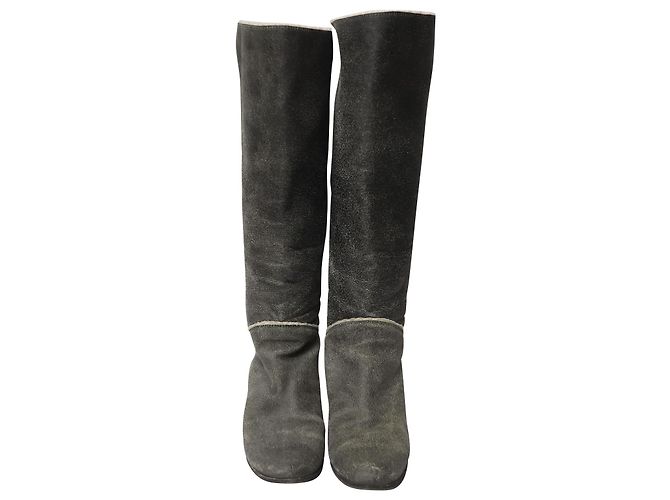Chanel Textured Shearling Lining Boots aus schwarzem Leder Grau - Ansicht 2