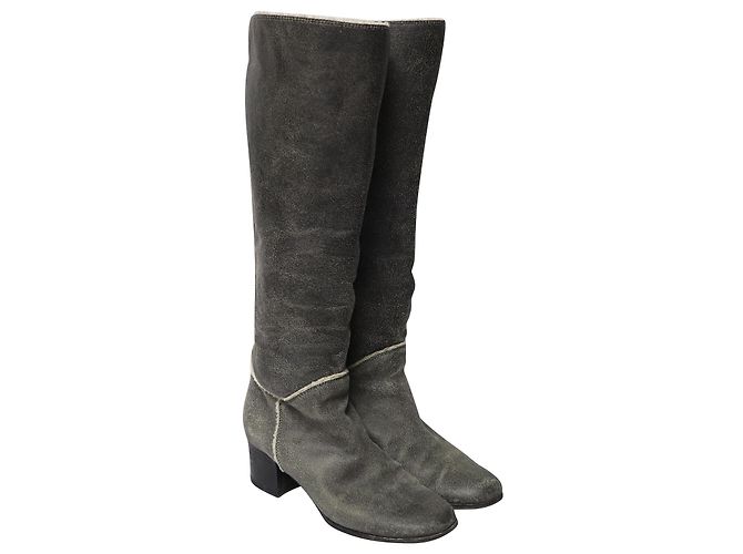 Chanel Textured Shearling Lining Boots aus schwarzem Leder Grau - Ansicht 3