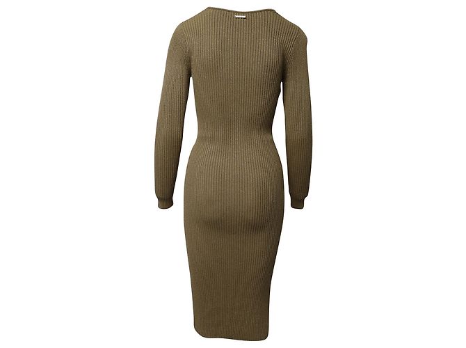Michael Kors Tailliertes, geripptes Strick-Midikleid in Metallic-Gold-Viskose Golden Metallisch - Ansicht 3