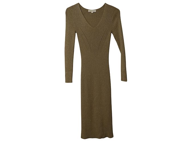 Michael Kors Tailliertes, geripptes Strick-Midikleid in Metallic-Gold-Viskose Golden Metallisch - Ansicht 5