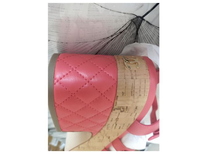Cambon Chanel Riemchensandalen Rot Korkabsatz Größe 39 Pink - Ansicht 12