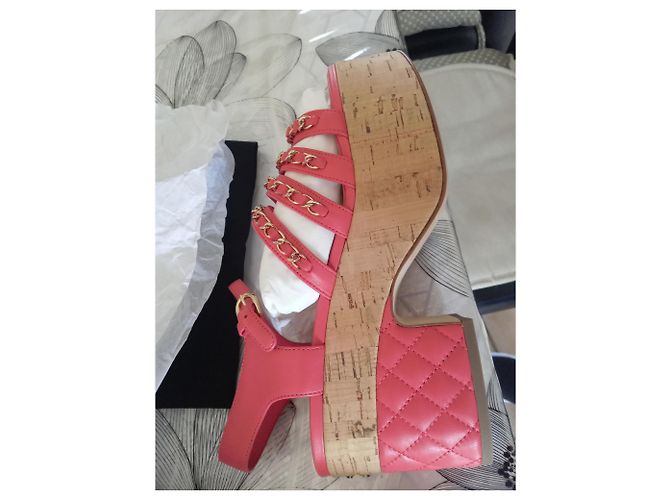 Cambon Chanel Riemchensandalen Rot Korkabsatz Größe 39 Pink - Ansicht 13