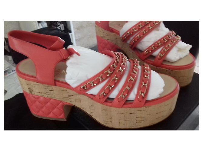 Cambon Chanel Riemchensandalen Rot Korkabsatz Größe 39 Pink - Ansicht 2