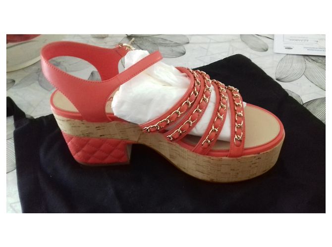 Cambon Chanel Riemchensandalen Rot Korkabsatz Größe 39 Pink - Ansicht 4
