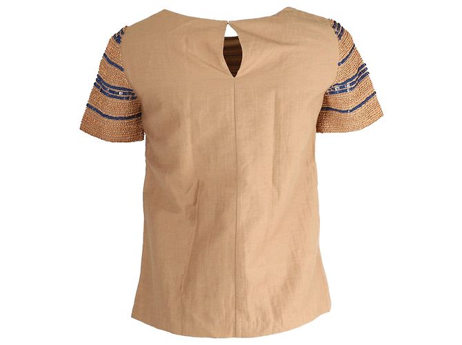 Top Tory Burch con perline e paillettes in cotone beige - vista 3