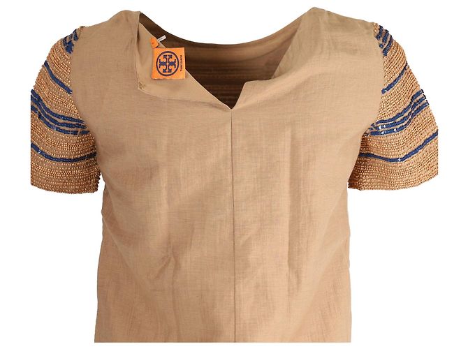 Top Tory Burch con perline e paillettes in cotone beige - vista 4