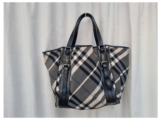 Borsa tote Burberry in tela grigia e pelle nera Grigio - vista 2