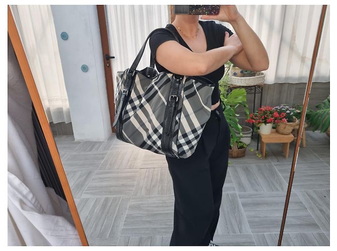Borsa tote Burberry in tela grigia e pelle nera Grigio - vista 3