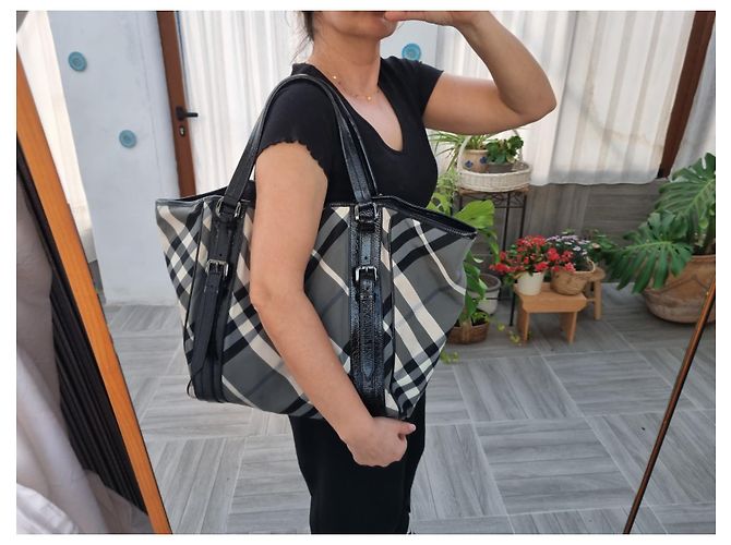 Borsa tote Burberry in tela grigia e pelle nera Grigio - vista 4