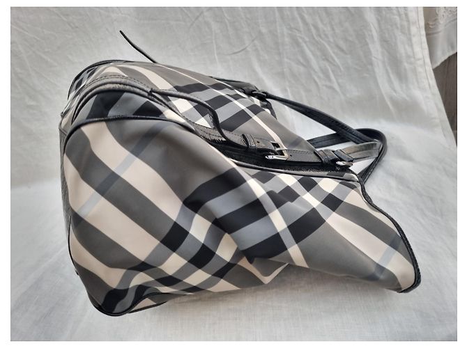 Borsa tote Burberry in tela grigia e pelle nera Grigio - vista 7