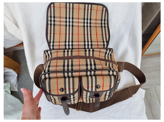 Borsa portafoglio Burberry in tela check e pelle beige - vista 13