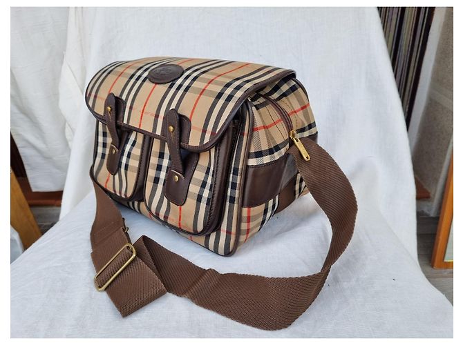 Borsa portafoglio Burberry in tela check e pelle beige - vista 5