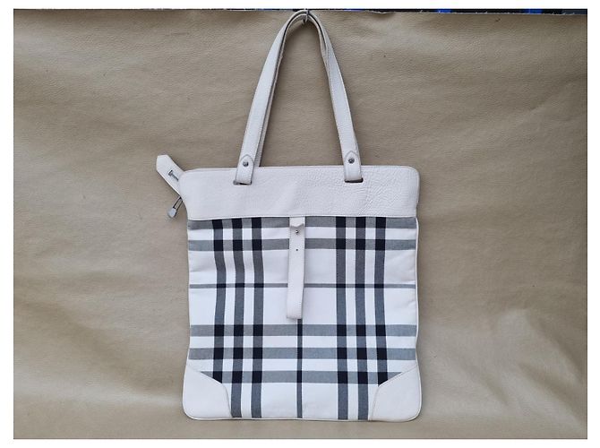 Borsa Tote Burberry in Tela Ecru e Nero Crudo - vista 2