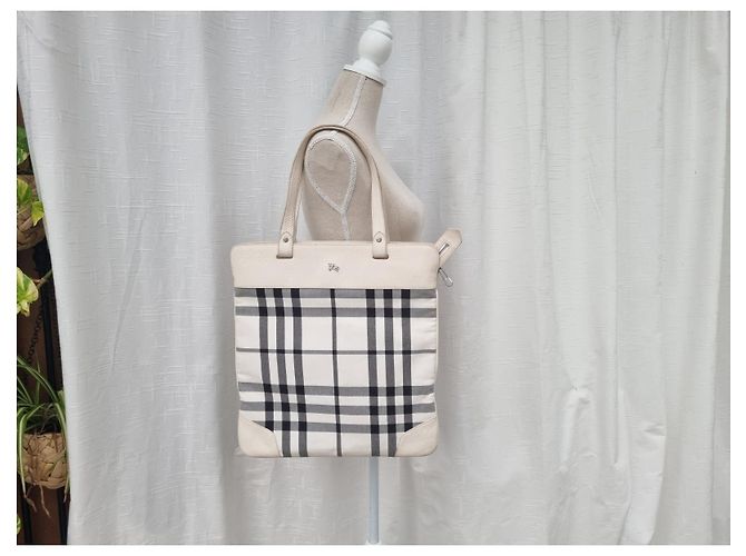 Borsa Tote Burberry in Tela Ecru e Nero Crudo - vista 3