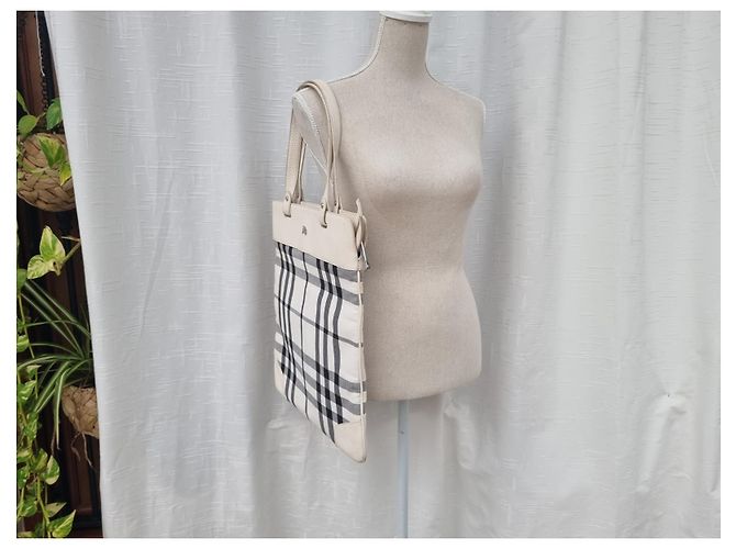 Borsa Tote Burberry in Tela Ecru e Nero Crudo - vista 4