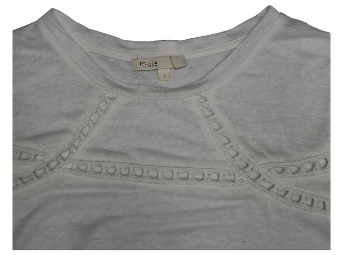 Camiseta con inserciones de encaje Maje Turan en lino blanco - vista 4