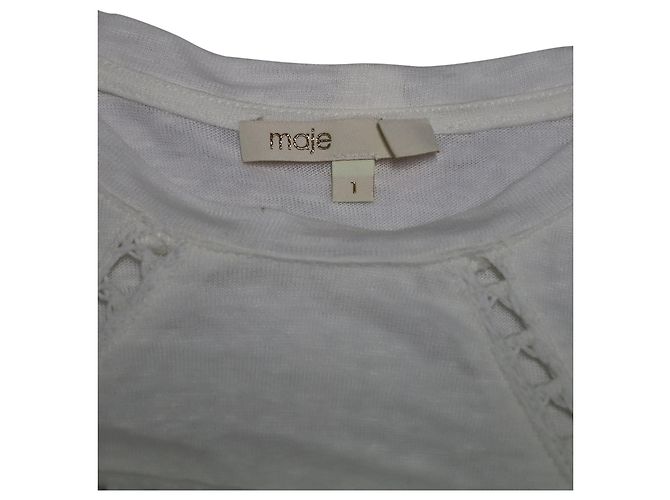 Camiseta con inserciones de encaje Maje Turan en lino blanco - vista 5