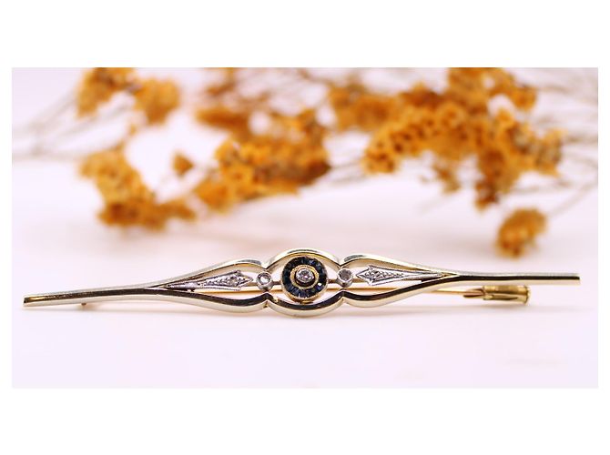 Autre Marque Spilla Art Déco con zaffiri e diamanti in platino e oro giallo 750%O Gold hardware - vista 6