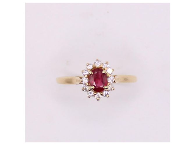 Autre Marque Anello centrale a margherita con rubino e entourage di diamanti in oro giallo 750%O Rosso Gold hardware - vista 3