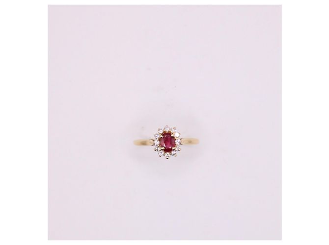 Autre Marque Anello centrale a margherita con rubino e entourage di diamanti in oro giallo 750%O Rosso Gold hardware - vista 4