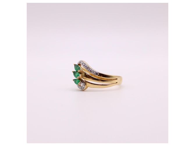Autre Marque Anello trilogy di smeraldi a navetta e diamanti in oro giallo 750%O Verde chiaro Gold hardware - vista 6